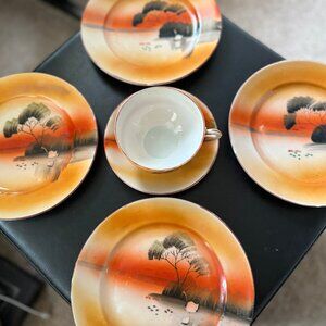 Vintage Made in Japan Handpainted Sunset & Swan Tea Cup/Saucer & 4 Desert Plates